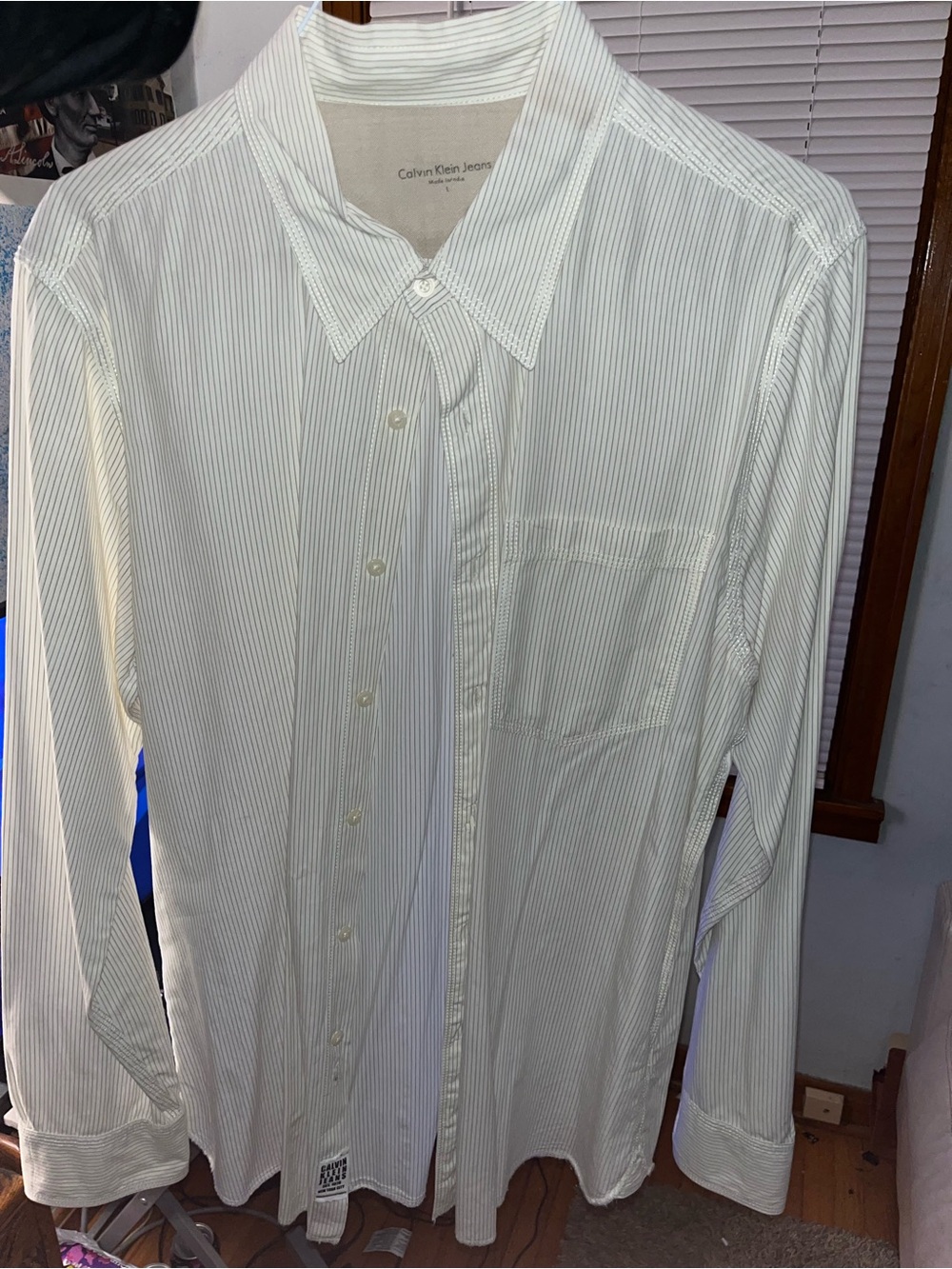 Calvin Klein Jeans Men's White Shirt with Subtle Gray Pinstripes